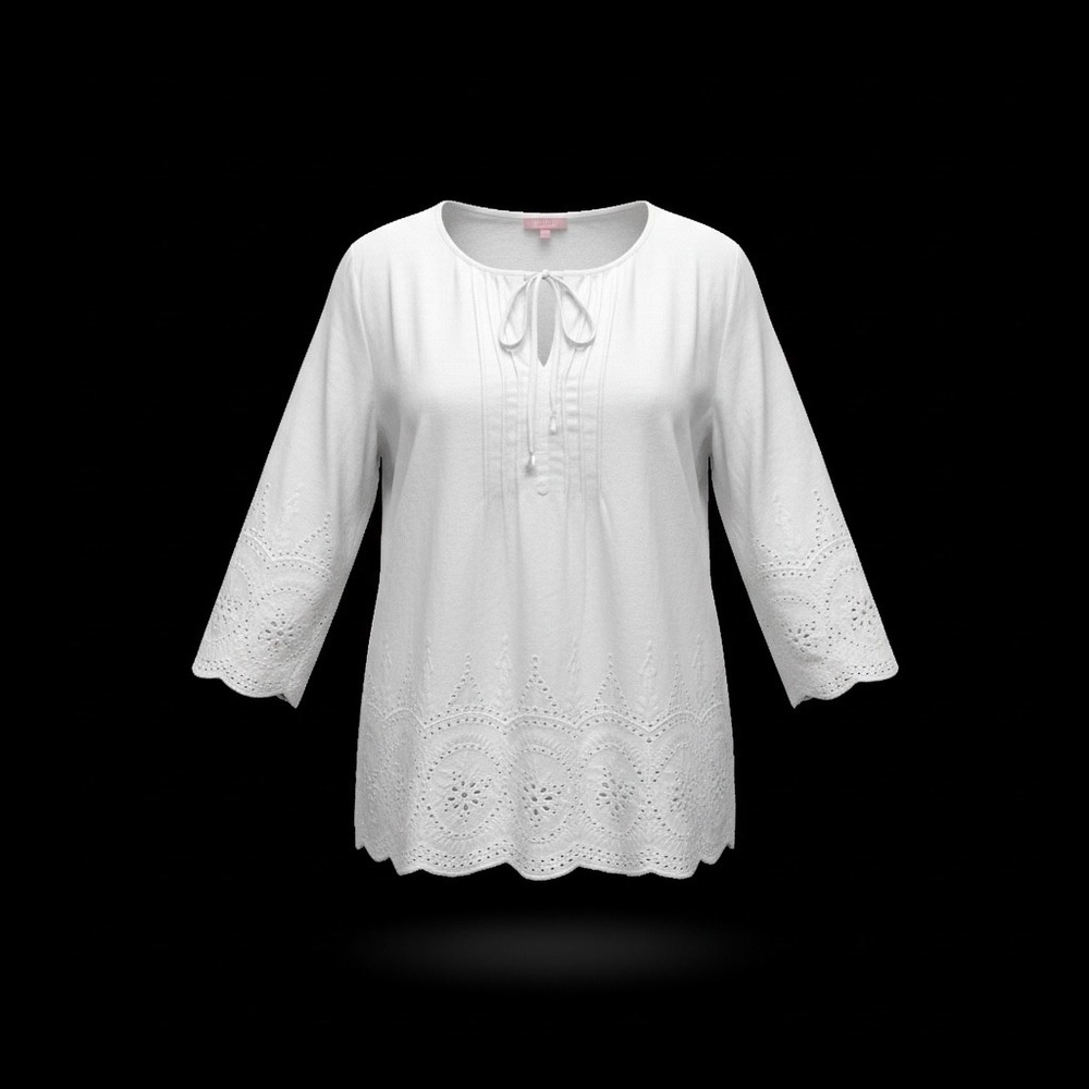 Saint Tropez‎ West White Linen Blend Eyelet Embroidered Cottage Boho Top Plus 1X